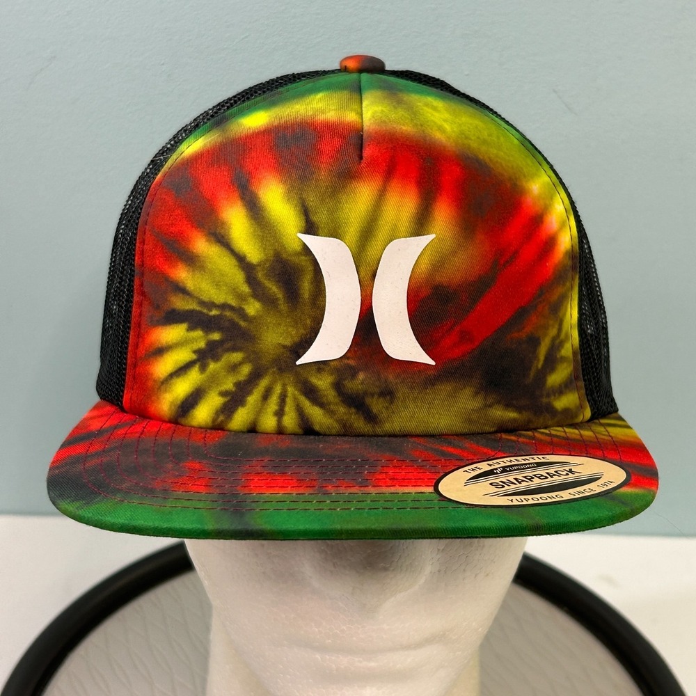 Hurley Snapback Hat Rasta Tie Dye Adjustable Meshback Flatbill Trucker Cap OSFM